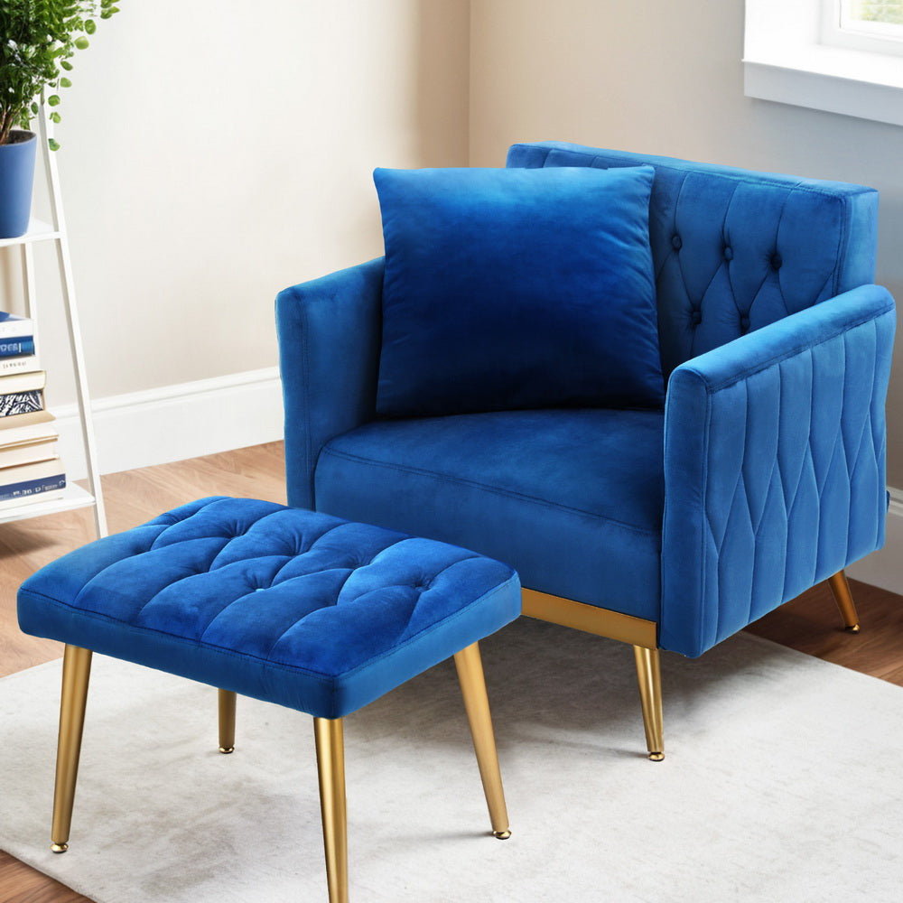 Artiss Armchair Ottoman Accent Chair Pillow Velvet Blue-Furniture &gt; Bar Stools &amp; Chairs &gt; Arm Chairs &amp; Recliners-PEROZ Accessories