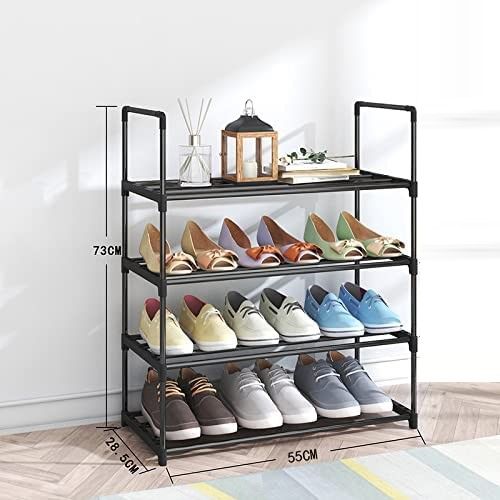 4-Tier Stainless Steel Shoe Rack Storage Organizer to Hold up to 15 Pairs of Shoes (55cm, Black)-Furniture &gt; Living Room &gt; Shoe Storage-PEROZ Accessories