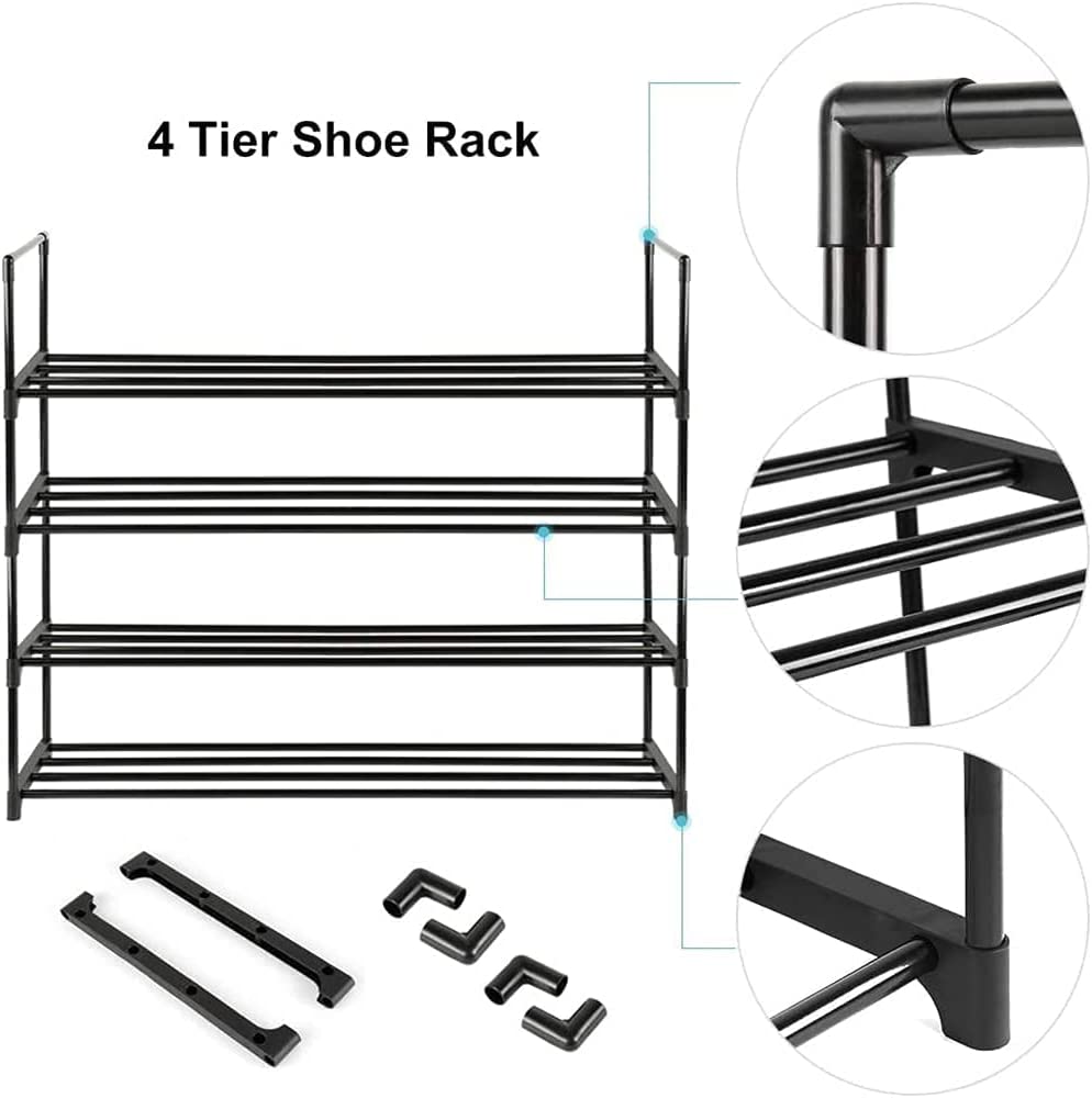 4-Tier Stainless Steel Shoe Rack Storage Organizer to Hold up to 15 Pairs of Shoes (55cm, Black)-Furniture &gt; Living Room &gt; Shoe Storage-PEROZ Accessories