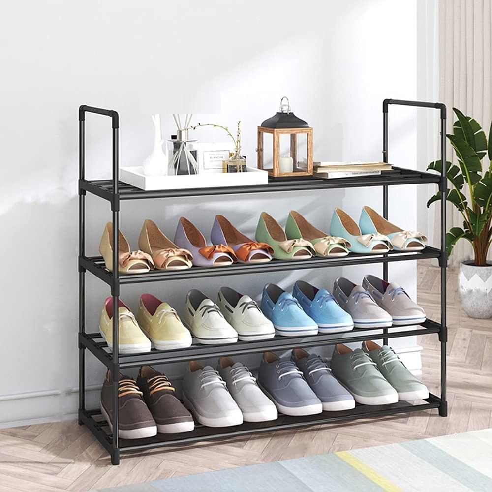 4-Tier Stainless Steel Shoe Rack Storage Organizer to Hold up to 20 Pairs of Shoes (80cm, Black)-Furniture &gt; Living Room &gt; Shoe Storage-PEROZ Accessories