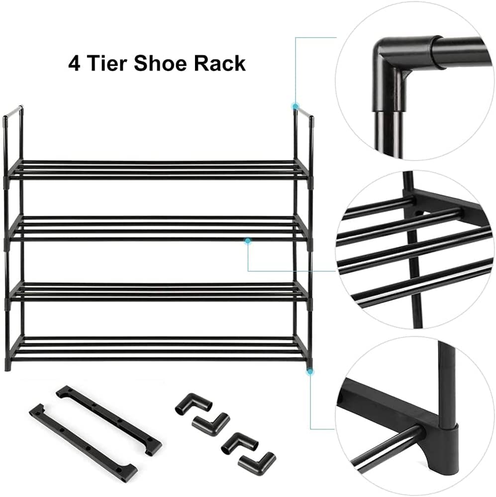 4-Tier Stainless Steel Shoe Rack Storage Organizer to Hold up to 20 Pairs of Shoes (80cm, Black)-Furniture &gt; Living Room &gt; Shoe Storage-PEROZ Accessories