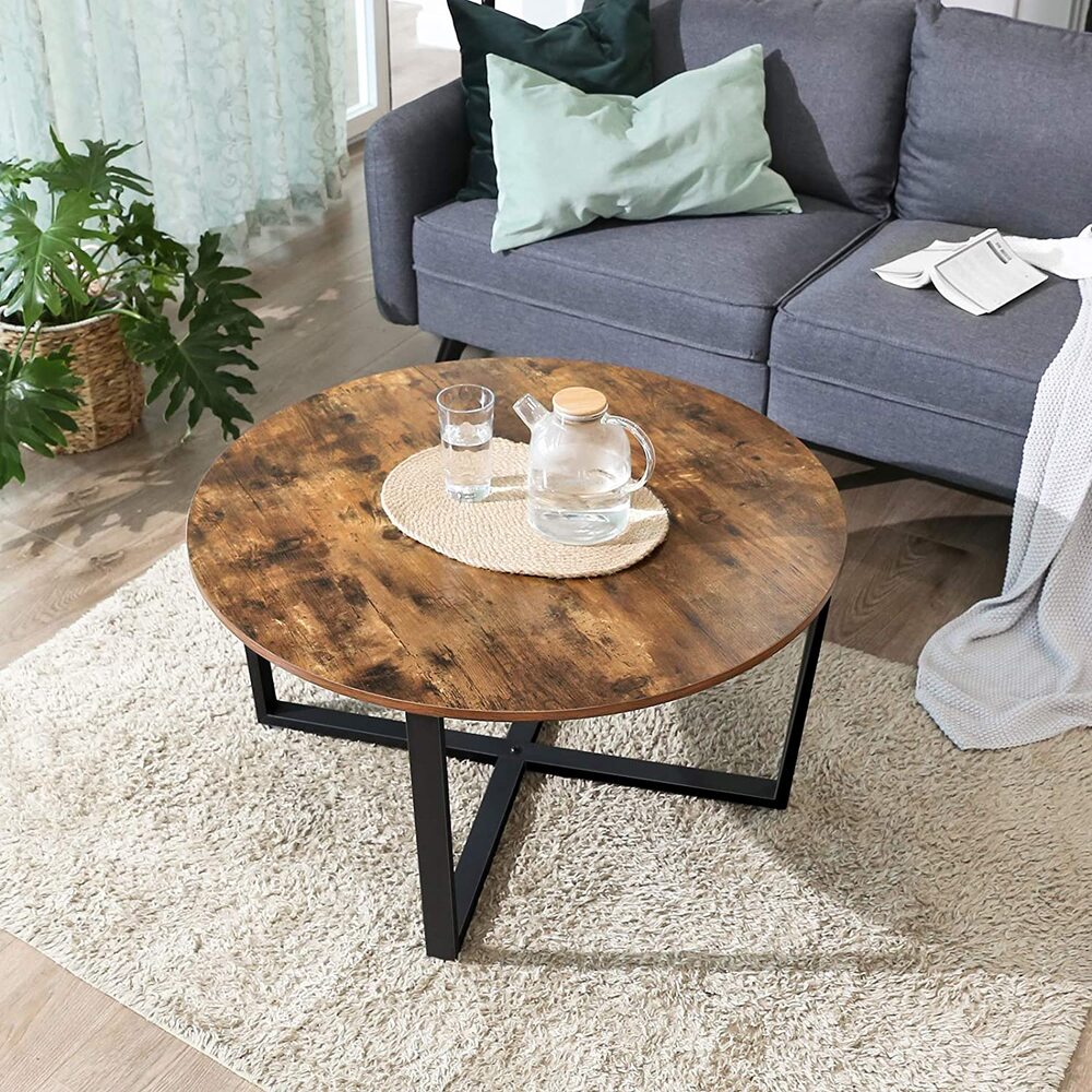 VASAGLE Round Coffee Table Rustic Brown and Black-Furniture &gt; Outdoor &gt; Outdoor Dining Sets-PEROZ Accessories