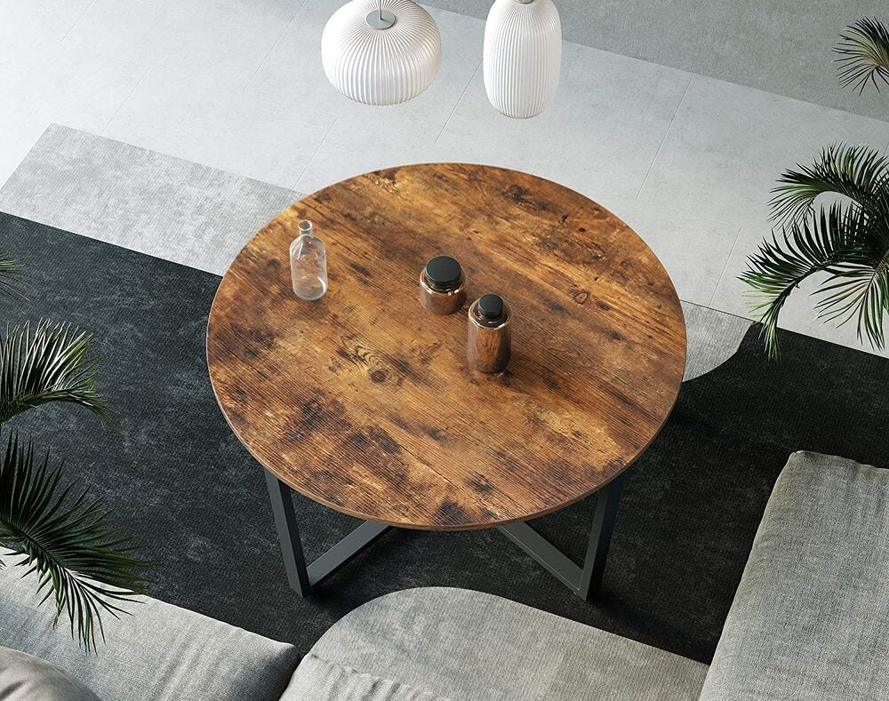 VASAGLE Round Coffee Table Rustic Brown and Black-Furniture &gt; Outdoor &gt; Outdoor Dining Sets-PEROZ Accessories