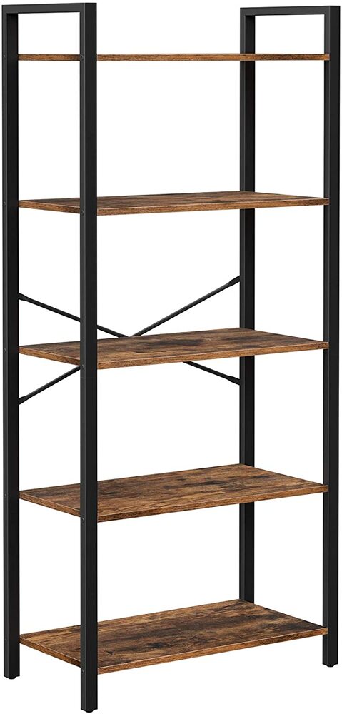 VASAGLE 5-Tier Storage Rack Bookshelf with Steel Frame Rustic Brown and Black-Furniture &gt; Living Room &gt; Bookcases &amp; Shelves-PEROZ Accessories