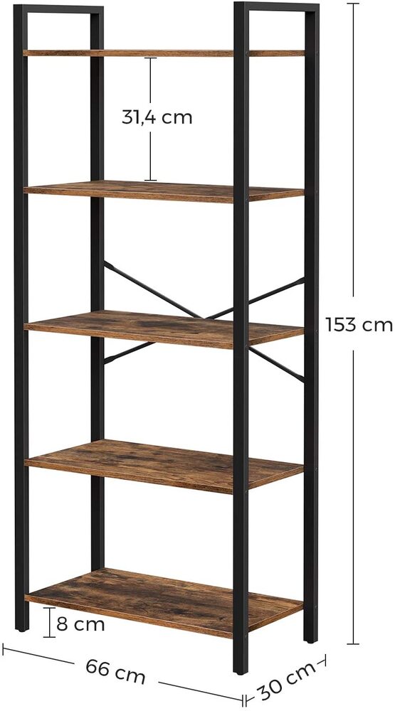 VASAGLE 5-Tier Storage Rack Bookshelf with Steel Frame Rustic Brown and Black-Furniture &gt; Living Room &gt; Bookcases &amp; Shelves-PEROZ Accessories