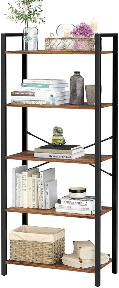 VASAGLE 5-Tier Storage Rack Bookshelf with Steel Frame Rustic Brown and Black-Furniture &gt; Living Room &gt; Bookcases &amp; Shelves-PEROZ Accessories