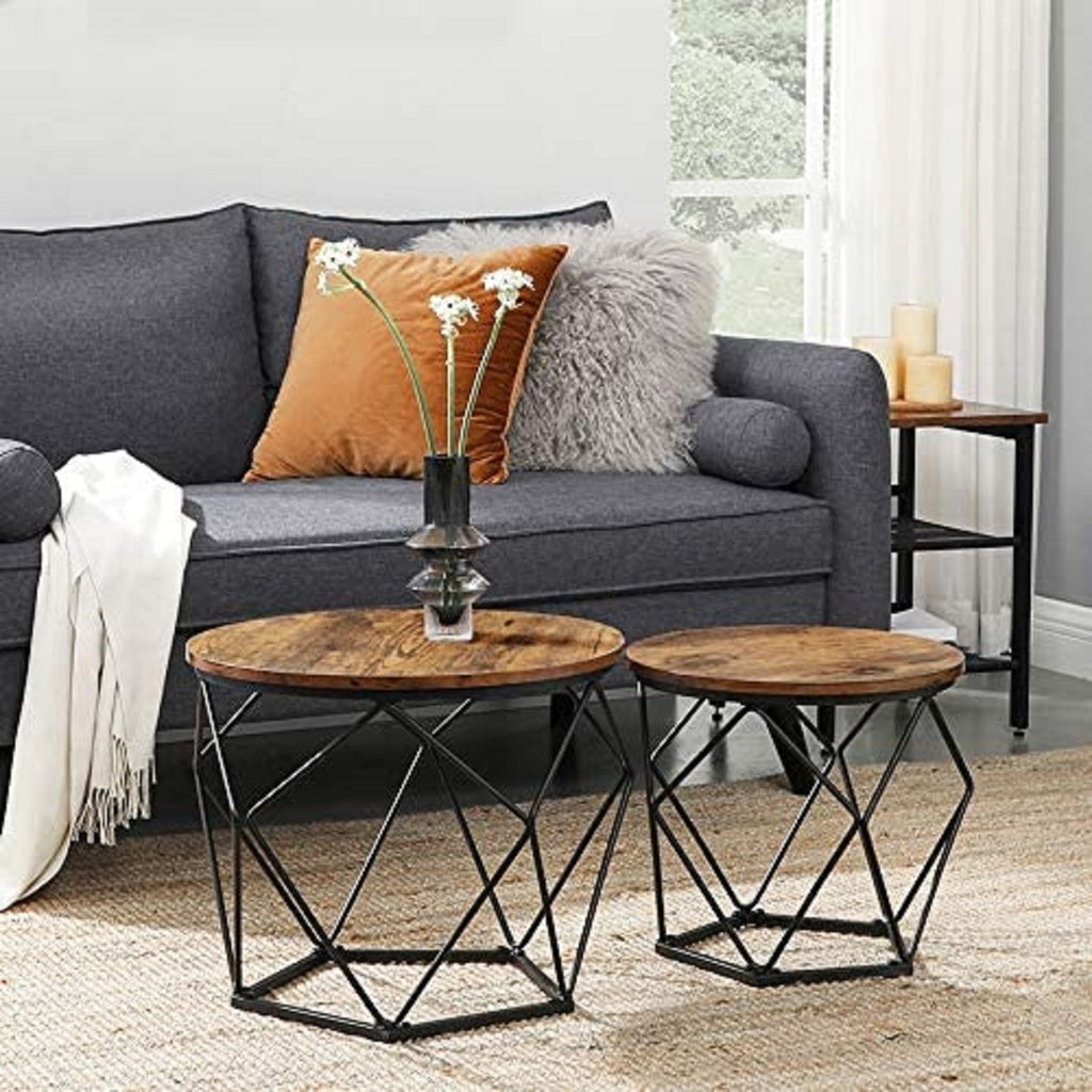 VASAGLE Set of 2 Rustic Brown and Black Coffee Tables with Robust Steel Frame-Furniture &gt; Living Room &gt; Coffee Tables-PEROZ Accessories