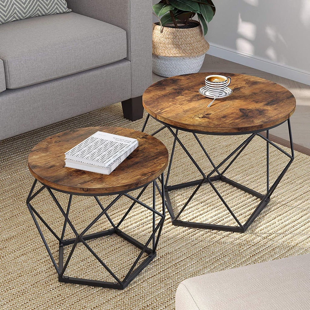 VASAGLE Set of 2 Rustic Brown and Black Coffee Tables with Robust Steel Frame-Furniture &gt; Living Room &gt; Coffee Tables-PEROZ Accessories