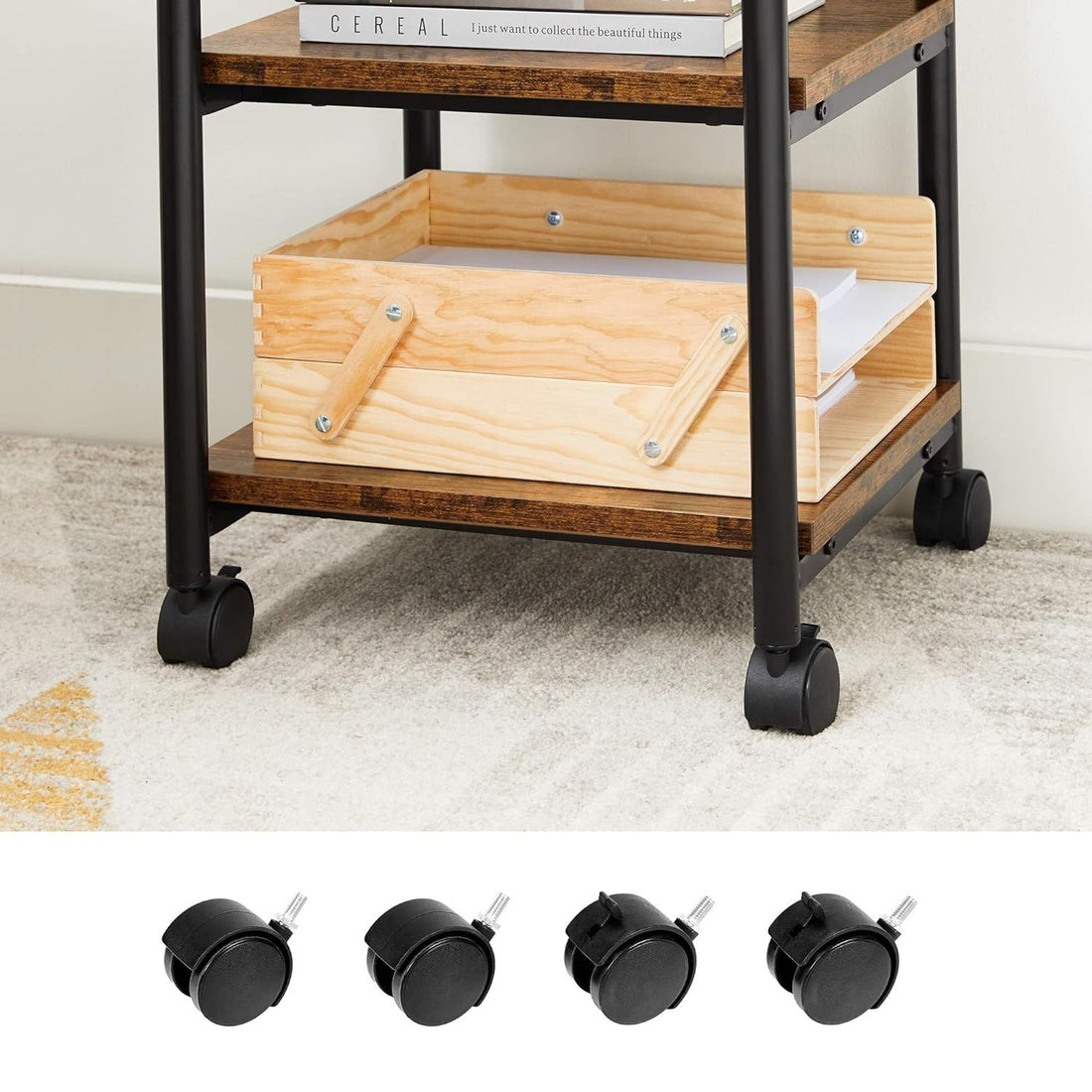 VASAGLE 3-Tier Machine Cart with Wheels and Adjustable Table Top Rustic Brown and Black-Furniture &gt; Dining &gt; Kitchen &amp; Dining Trolleys-PEROZ Accessories