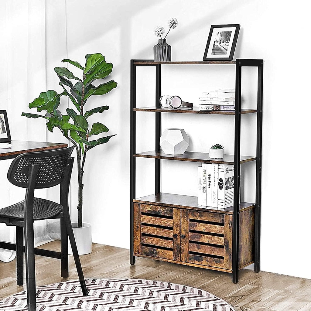 VASAGLE Bookcase Floor Standing Storage Cabinet and Cupboard with 2 Louvred Doors and 3 Shelves Bookshelf Rustic Brown-Furniture &gt; Office &gt; Storage Cabinets-PEROZ Accessories