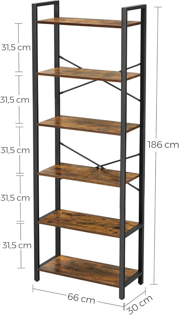 VASAGLE 6-Tier Bookcase Storage Shelf Industrial Design Vintage Brown Black-Furniture &gt; Living Room &gt; Bookcases &amp; Shelves-PEROZ Accessories