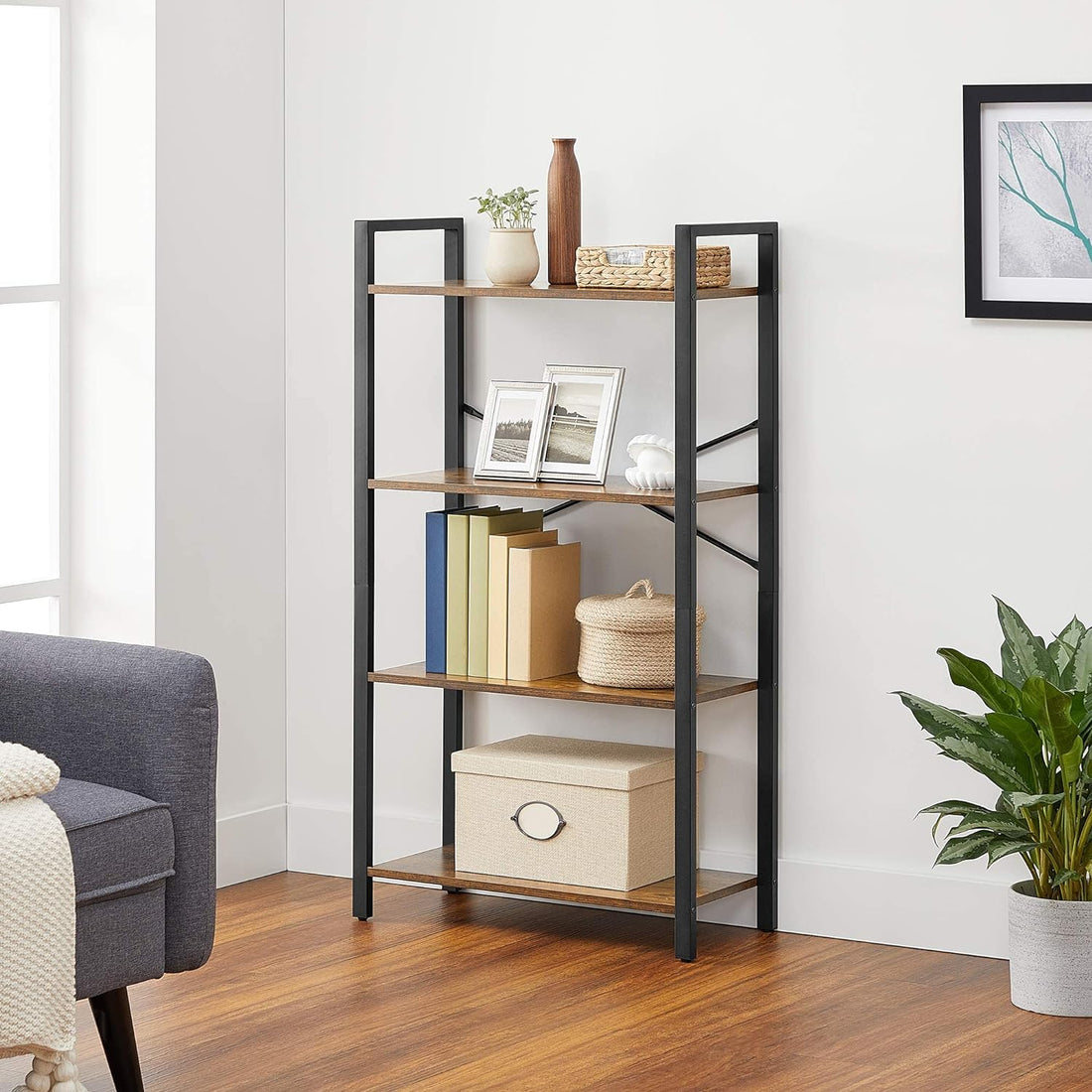 VASAGLE 4-Tier Bookshelf Storage Rack with Steel Frame for Living Room Office Study Hallway Industrial Style Rustic Brown and Black-Furniture &gt; Living Room &gt; Bookcases &amp; Shelves-PEROZ Accessories