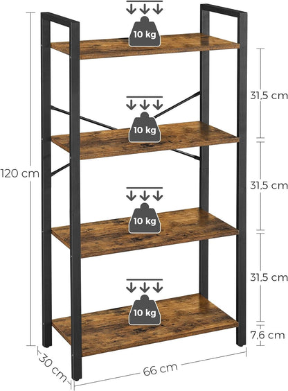 VASAGLE 4-Tier Bookshelf Storage Rack with Steel Frame for Living Room Office Study Hallway Industrial Style Rustic Brown and Black-Furniture &gt; Living Room &gt; Bookcases &amp; Shelves-PEROZ Accessories