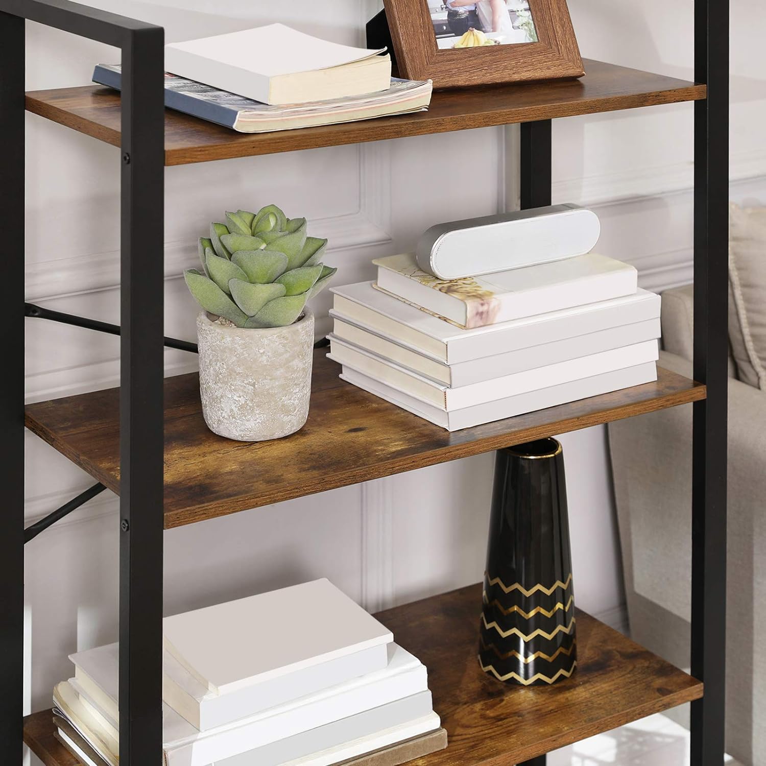 VASAGLE 4-Tier Bookshelf Storage Rack with Steel Frame for Living Room Office Study Hallway Industrial Style Rustic Brown and Black-Furniture &gt; Living Room &gt; Bookcases &amp; Shelves-PEROZ Accessories