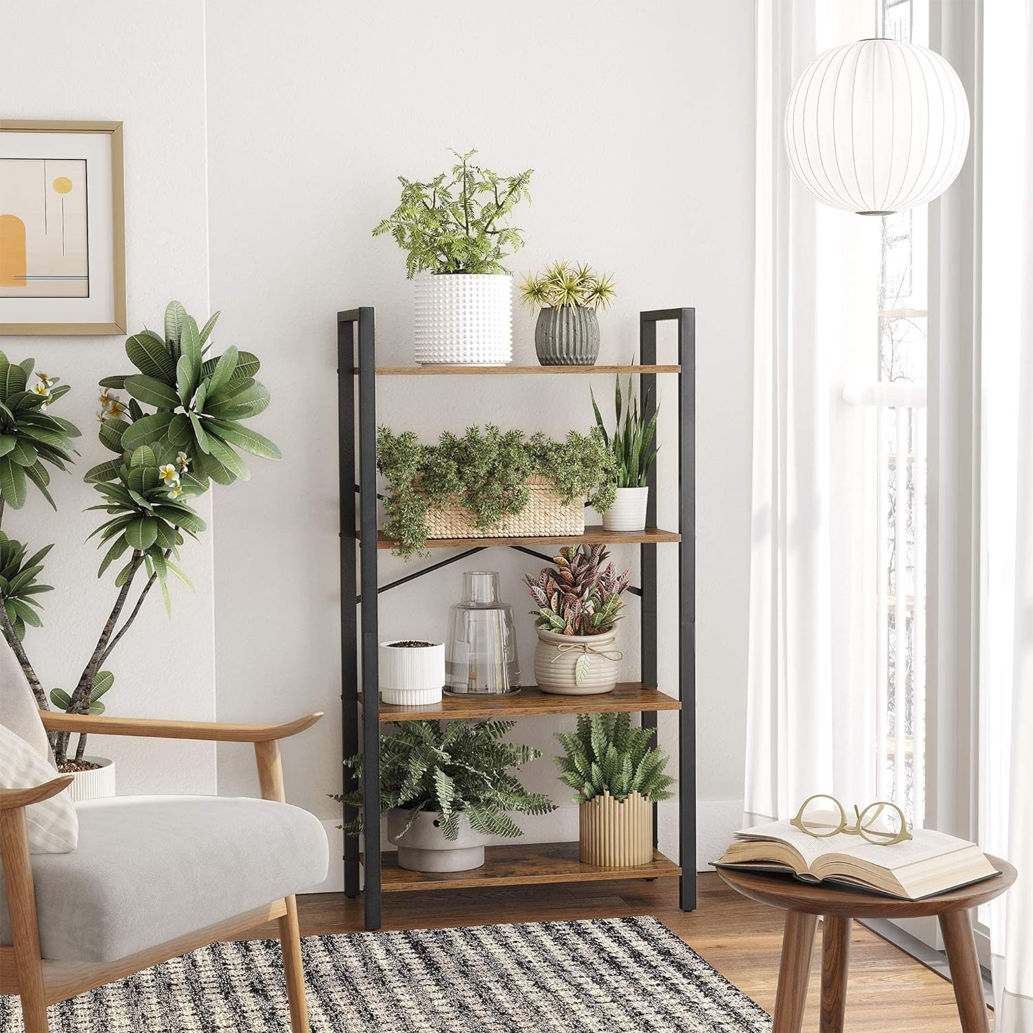 VASAGLE 4-Tier Bookshelf Storage Rack with Steel Frame for Living Room Office Study Hallway Industrial Style Rustic Brown and Black-Furniture &gt; Living Room &gt; Bookcases &amp; Shelves-PEROZ Accessories