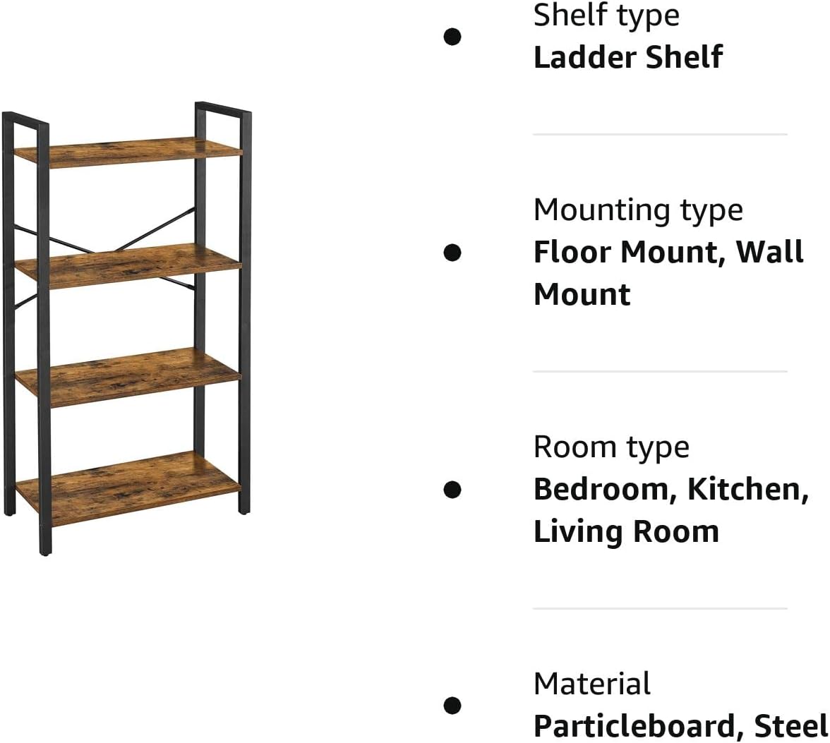 VASAGLE 4-Tier Bookshelf Storage Rack with Steel Frame for Living Room Office Study Hallway Industrial Style Rustic Brown and Black-Furniture &gt; Living Room &gt; Bookcases &amp; Shelves-PEROZ Accessories