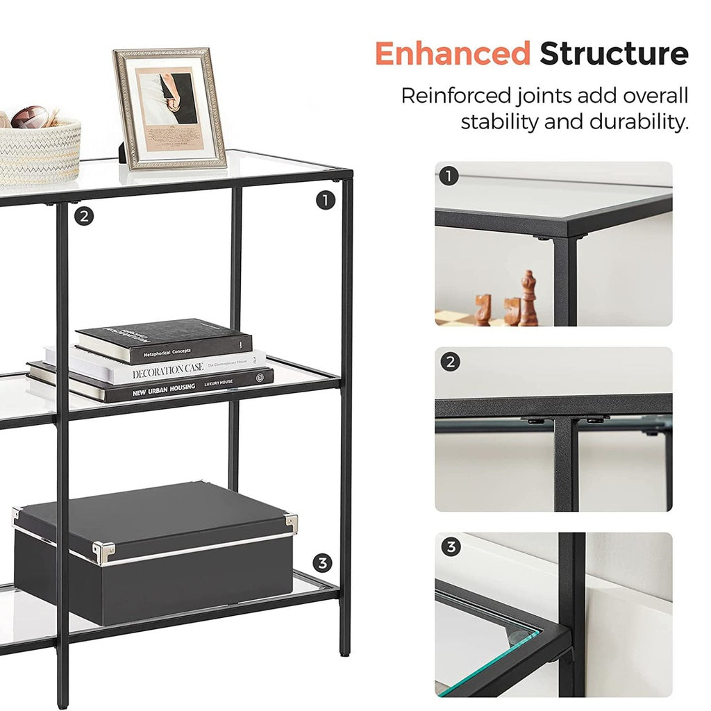 VASAGLE Storage Rack Console Sofa Table with 3 Shelves Steel Frame Tempered Glass Shelf Modern Style Black-Furniture &gt; Bar Stools &amp; Chairs &gt; Table &amp; Bar Stools-PEROZ Accessories