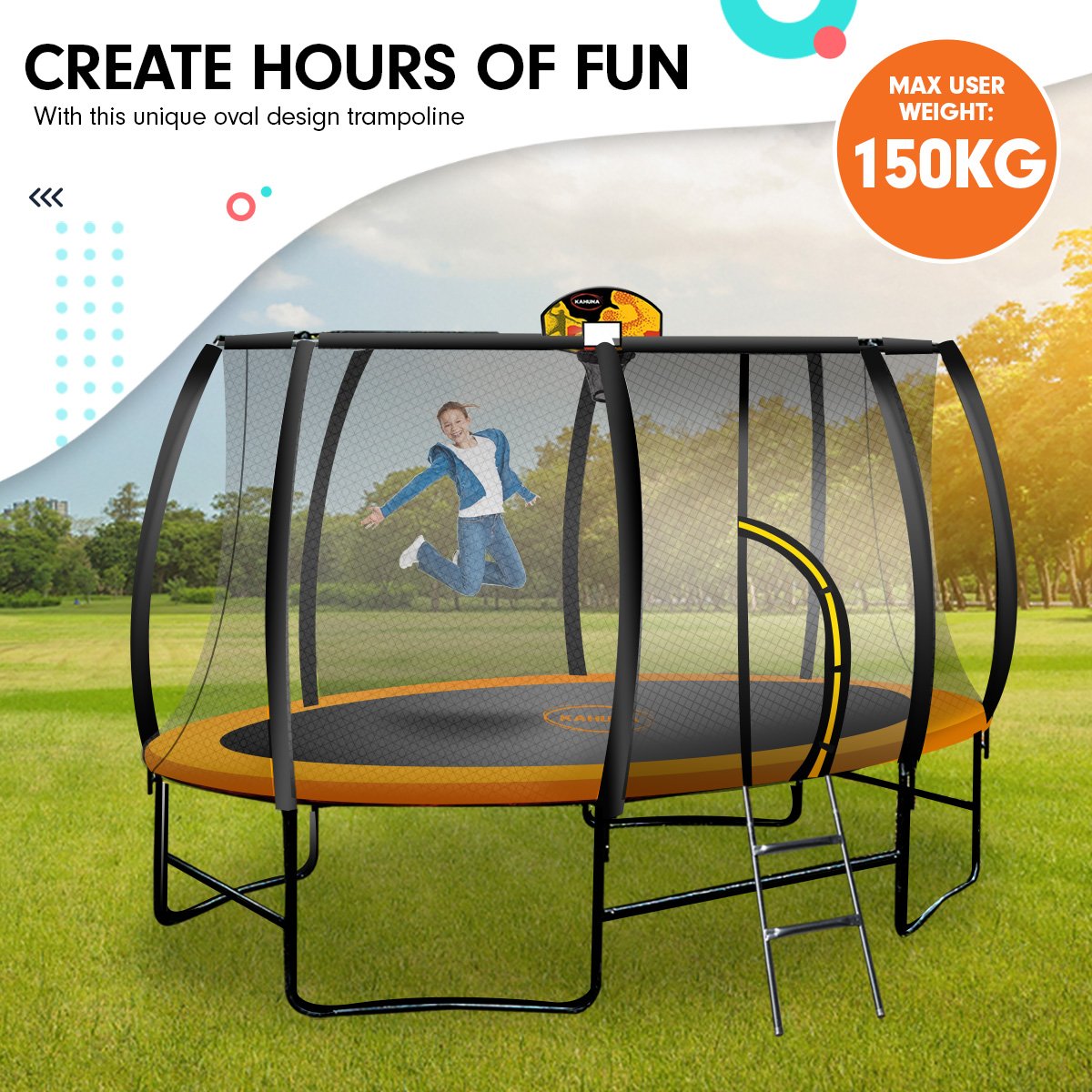 Kahuna 8ft X 14t Outdoor Orange Oval Trampoline With Safety Enclosure And Basketball Hoop Set-Sports &amp; Fitness &gt; Trampolines &gt; Trampolines &amp; Accessories-PEROZ Accessories