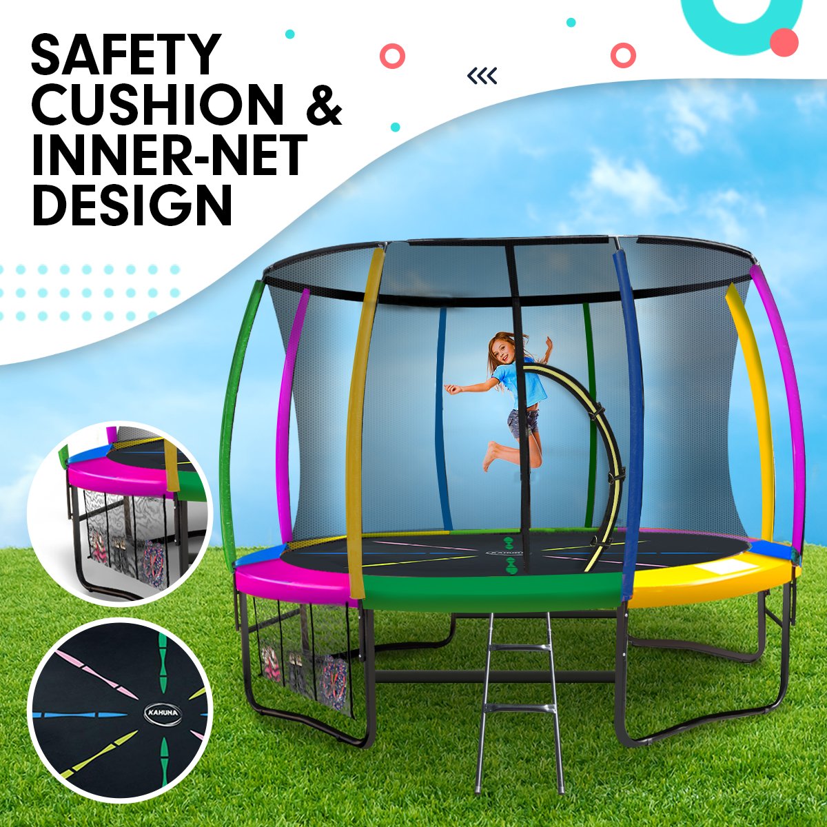 Kahuna 8ft Outdoor Rainbow Trampoline For Kids And Children Suited For Fitness Exercise Gymnastics With Safety Enclosure-Sports &amp; Fitness &gt; Trampolines &gt; Trampolines &amp; Accessories-PEROZ Accessories