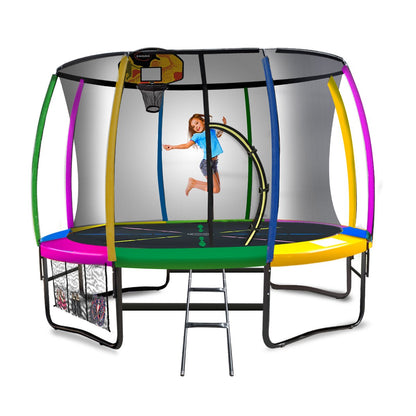 Kahuna 10ft Outdoor Trampoline Kids Children With Safety Enclosure Pad Mat Ladder Basketball Hoop Set - Rainbow-Sports &amp; Fitness &gt; Trampolines &gt; Trampolines &amp; Accessories-PEROZ Accessories