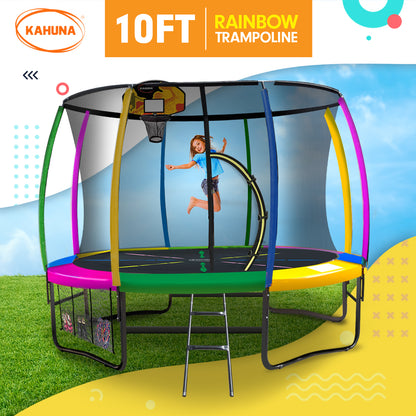 Kahuna 10ft Outdoor Trampoline Kids Children With Safety Enclosure Pad Mat Ladder Basketball Hoop Set - Rainbow-Sports &amp; Fitness &gt; Trampolines &gt; Trampolines &amp; Accessories-PEROZ Accessories