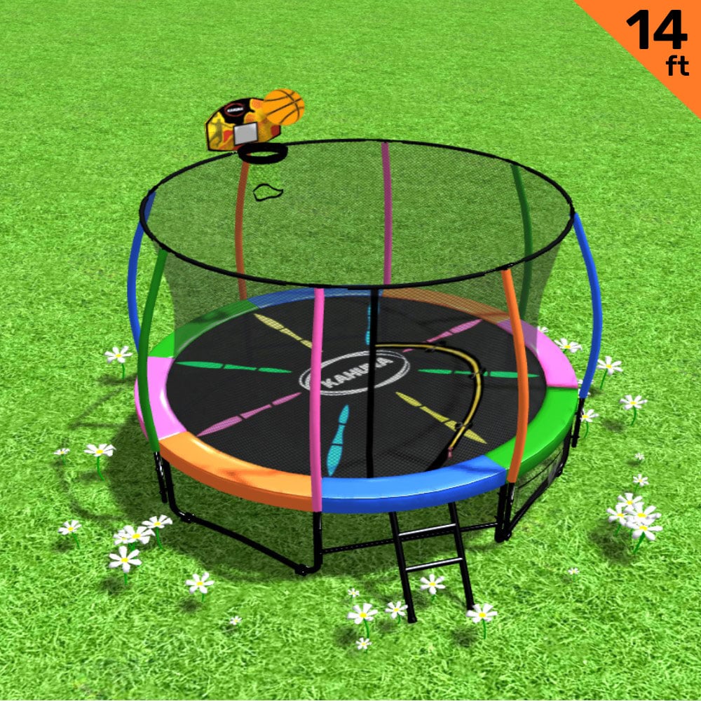 Kahuna 14ft Outdoor Trampoline Kids Children With Safety Enclosure Pad Mat Ladder Basketball Hoop Set - Rainbow-Sports &amp; Fitness &gt; Trampolines &gt; Trampolines &amp; Accessories-PEROZ Accessories