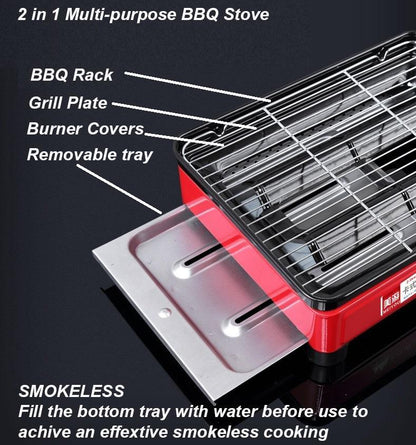 Portable Gas Stove Burner Butane BBQ Camping Gas Cooker With Non Stick Plate Black with Fish Pan and Lid-Home &amp; Garden &gt; BBQ-PEROZ Accessories