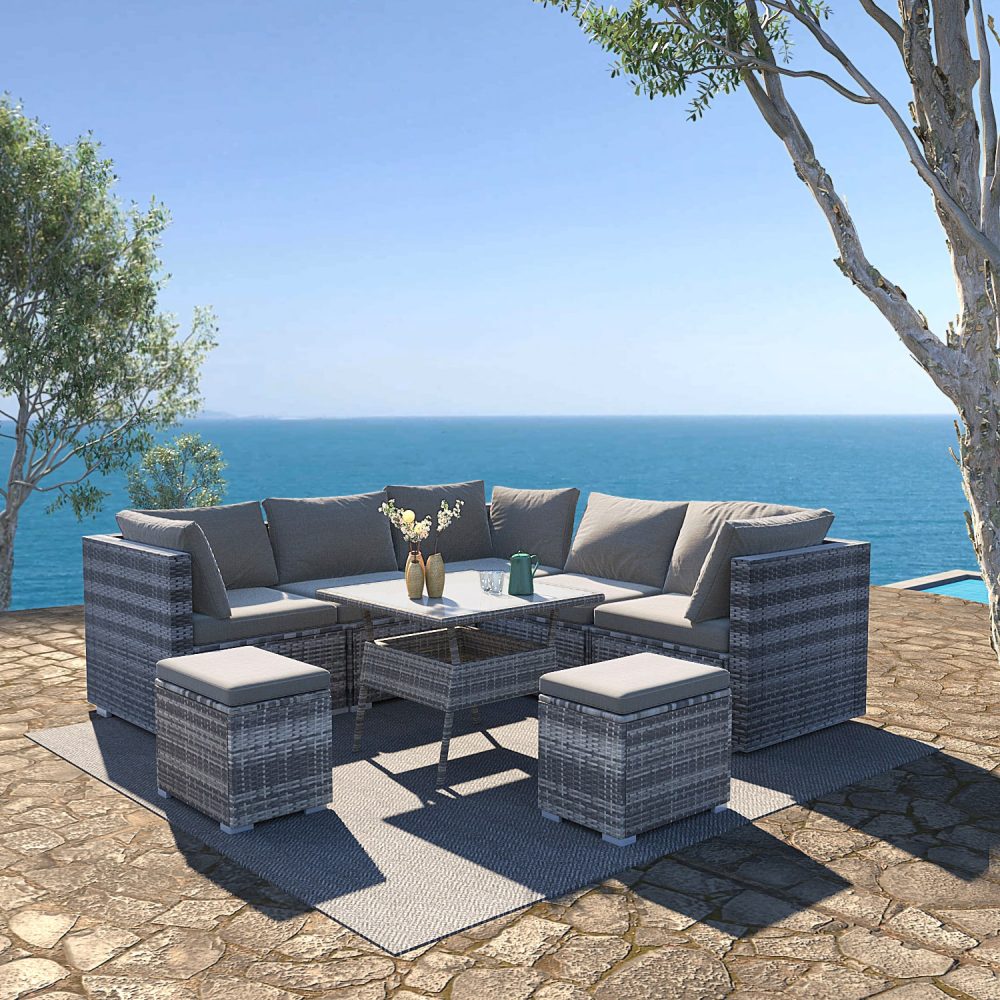 8PC Outdoor Dining Set Wicker Table &amp;amp; Chairs-Grey-Furniture &gt; Outdoor &gt; Outdoor Dining Sets-PEROZ Accessories