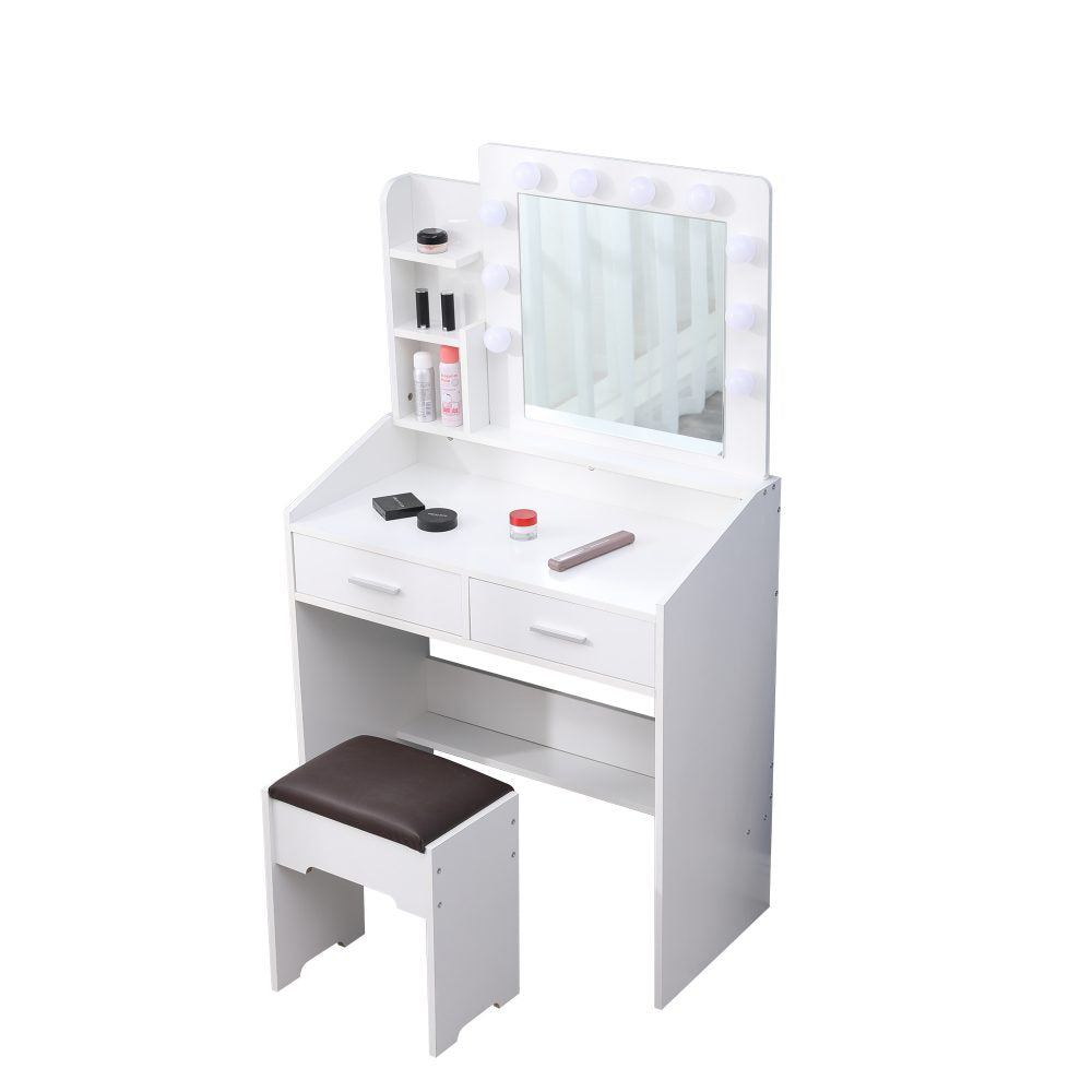 Diana Vanity Set with Shelves Cushioned Stool and Lighted Mirror- White-Furniture &gt; Bedroom &gt; Dressing Vanity &amp; Dressing Tables-PEROZ Accessories