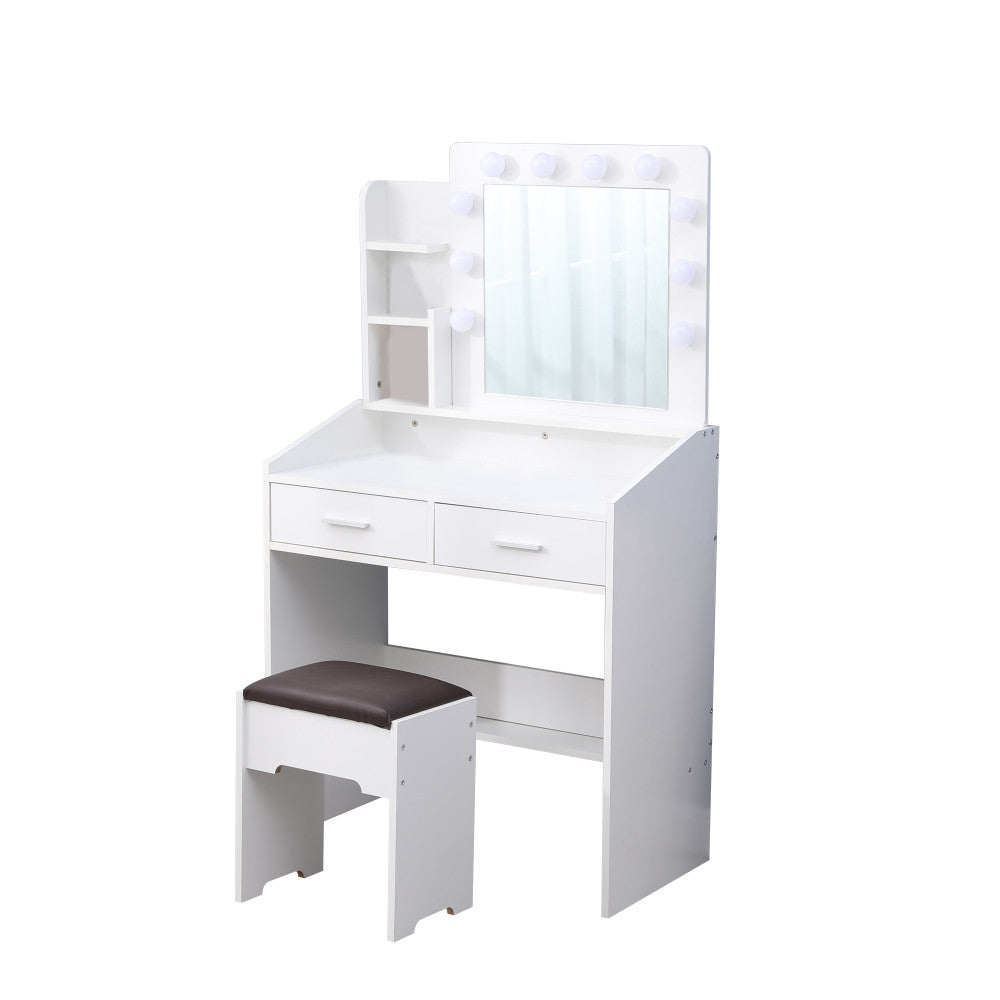 Diana Vanity Set with Shelves Cushioned Stool and Lighted Mirror- White-Furniture &gt; Bedroom &gt; Dressing Vanity &amp; Dressing Tables-PEROZ Accessories