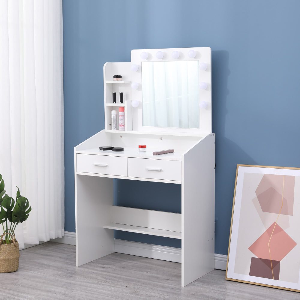 Diana Vanity Set with Shelves Cushioned Stool and Lighted Mirror- White-Furniture &gt; Bedroom &gt; Dressing Vanity &amp; Dressing Tables-PEROZ Accessories