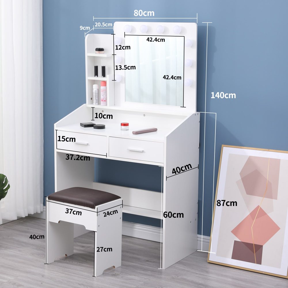 Diana Vanity Set with Shelves Cushioned Stool and Lighted Mirror- White-Furniture &gt; Bedroom &gt; Dressing Vanity &amp; Dressing Tables-PEROZ Accessories