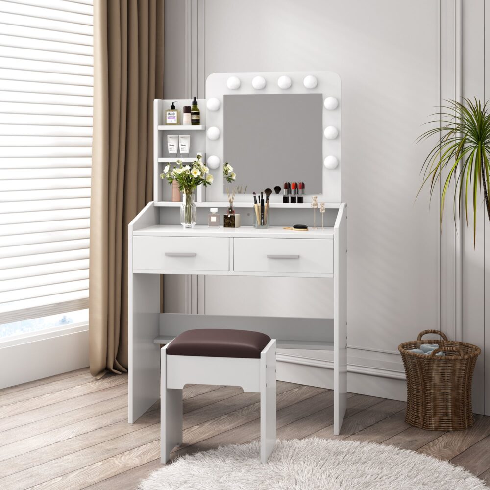 Diana Vanity Set with Shelves Cushioned Stool and Lighted Mirror- White-Furniture &gt; Bedroom &gt; Dressing Vanity &amp; Dressing Tables-PEROZ Accessories