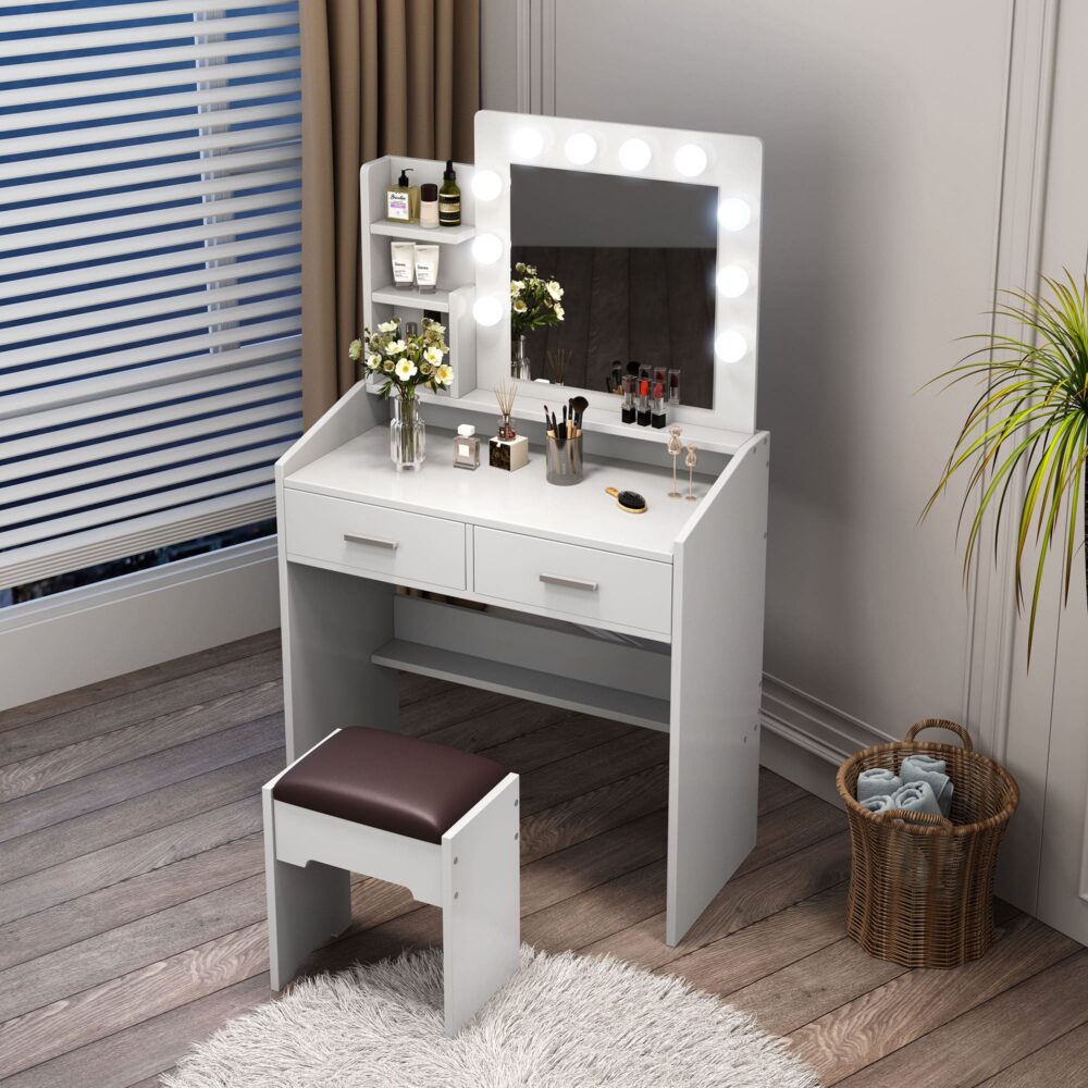 Diana Vanity Set with Shelves Cushioned Stool and Lighted Mirror- White-Furniture &gt; Bedroom &gt; Dressing Vanity &amp; Dressing Tables-PEROZ Accessories