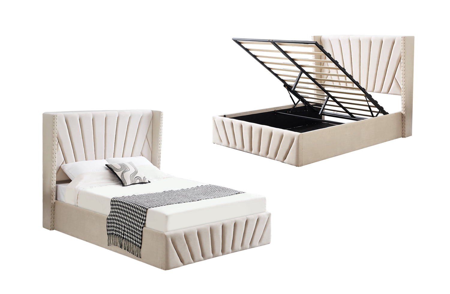 Allure Beige Velvet Gas Lift Bed - King-Furniture &gt; Bedroom &gt; Beds &amp; Bed Frames-PEROZ Accessories