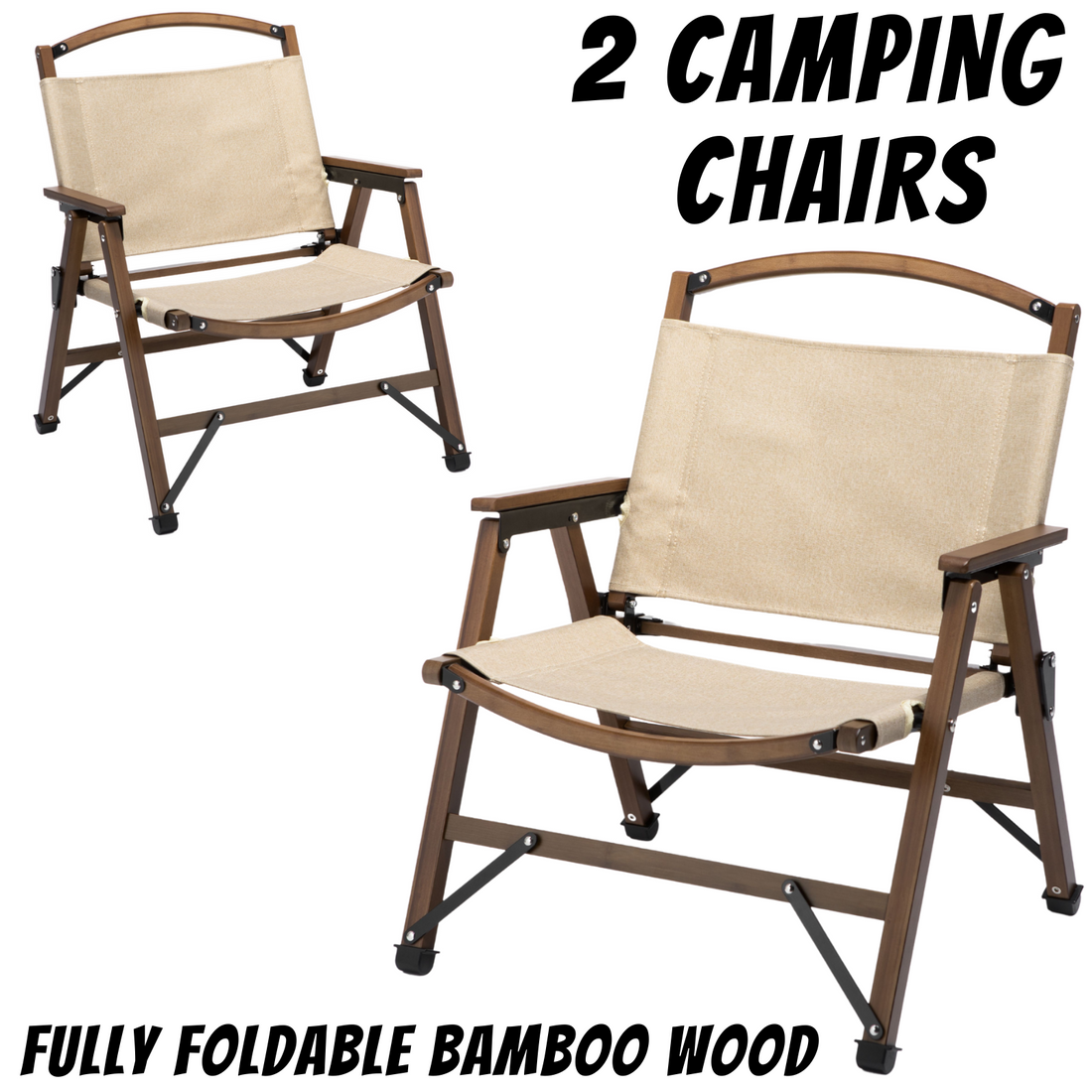 2x Bamboo Foldable Outdoor Camping Chair Wooden Travel Picnic Park Folding - Khaki/Beige-Outdoor Recreation &gt; Camping &gt; Camp Furniture-PEROZ Accessories