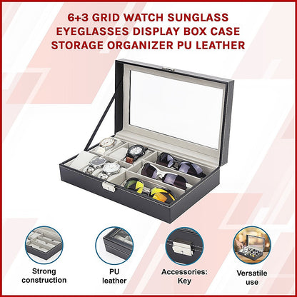 6+3 Grid Watch Sunglass Eyeglasses Display Box Case Storage Organizer PU Leather-Watch Accessories-PEROZ Accessories