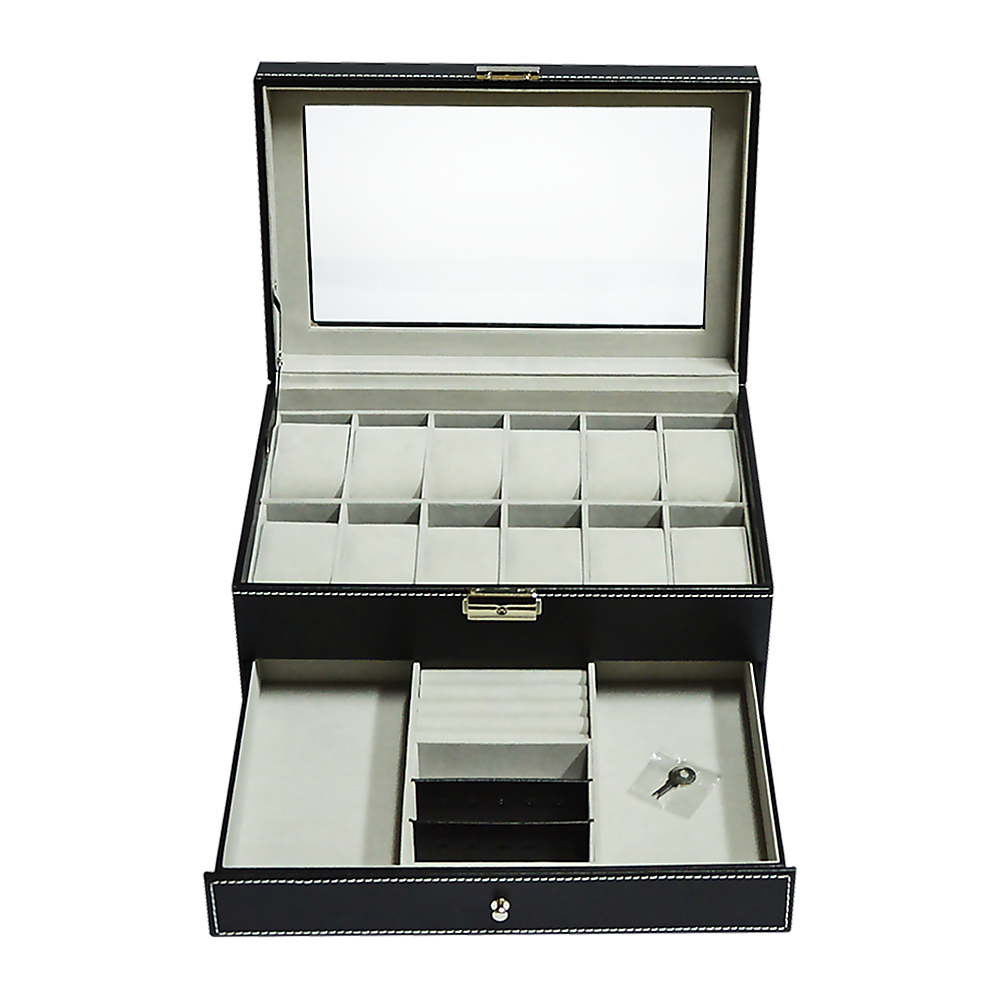 12 Grids Watch Display Case Leather jewellery Storage Box Organiser Lock Key-Watch Accessories-PEROZ Accessories