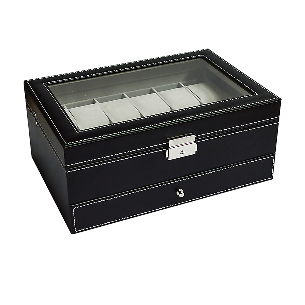 12 Grids Watch Display Case Leather jewellery Storage Box Organiser Lock Key-Watch Accessories-PEROZ Accessories