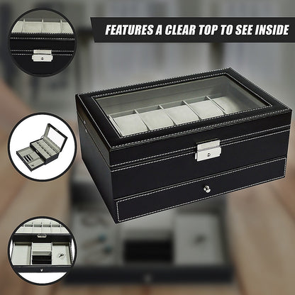 12 Grids Watch Display Case Leather jewellery Storage Box Organiser Lock Key-Watch Accessories-PEROZ Accessories