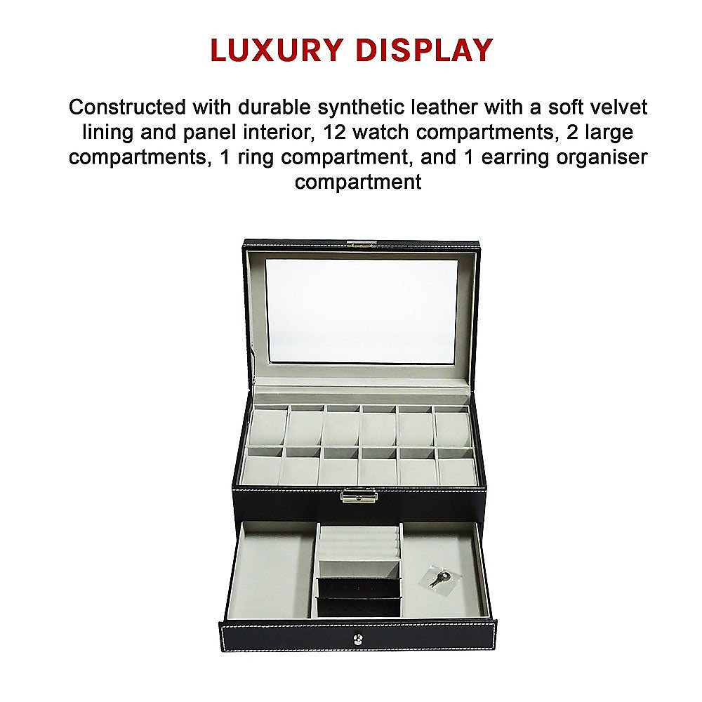 12 Grids Watch Display Case Leather jewellery Storage Box Organiser Lock Key-Watch Accessories-PEROZ Accessories