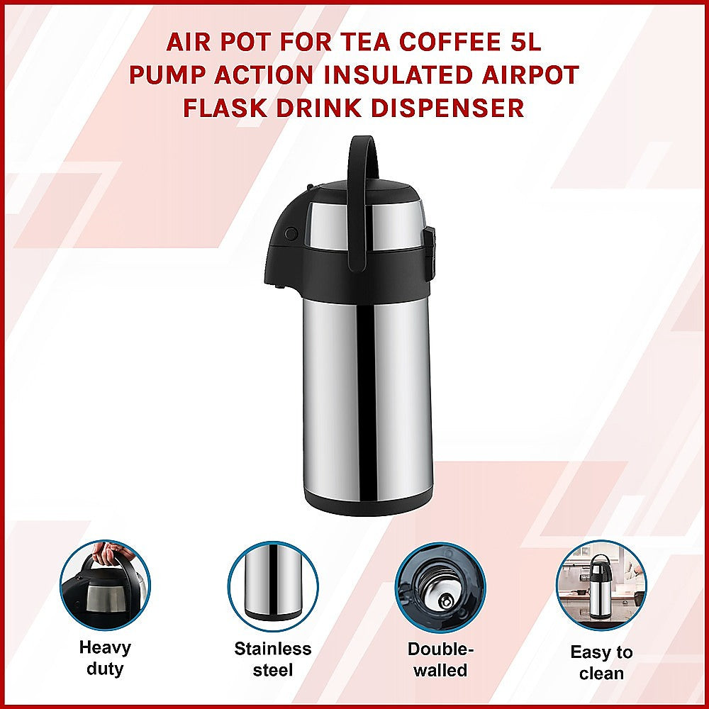 Air Pot for Tea Coffee 5L Pump Action Insulated Airpot Flask Drink Dispenser-Home &amp; Garden &gt; Kitchenware-PEROZ Accessories