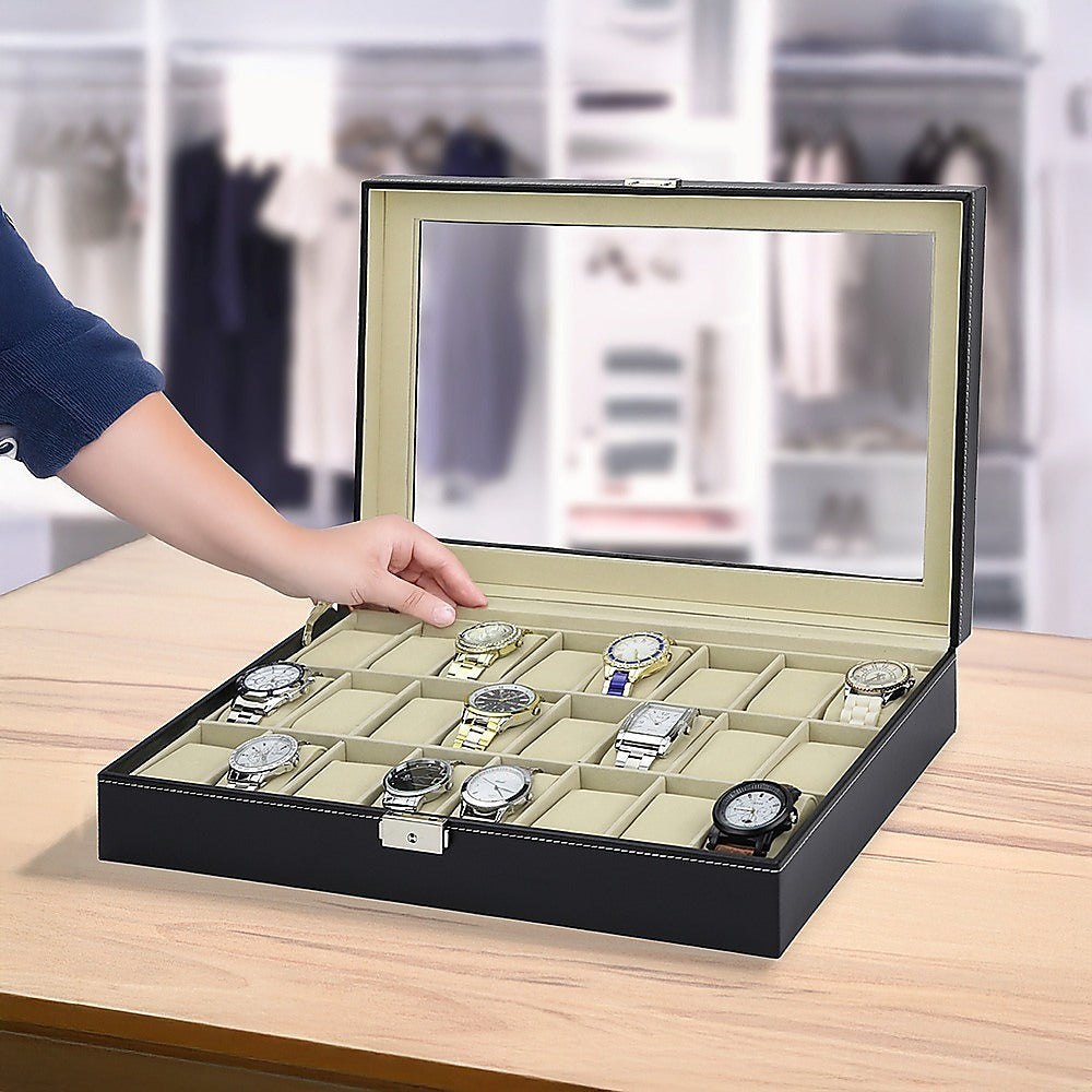 Watch Box - 24 Slot Luxury Display Case With Framed Glass Lid-Watch Accessories-PEROZ Accessories