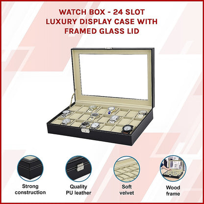 Watch Box - 24 Slot Luxury Display Case With Framed Glass Lid-Watch Accessories-PEROZ Accessories