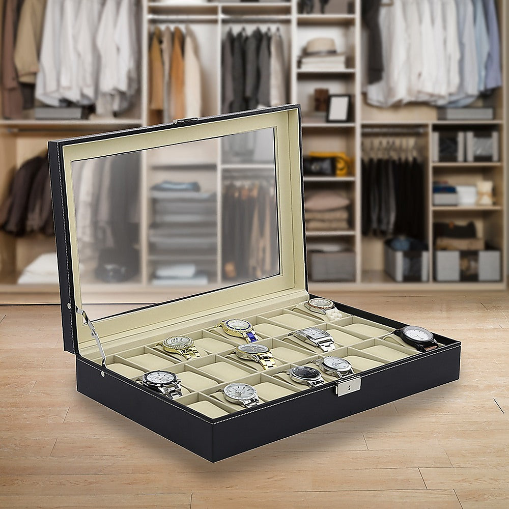 Watch Box - 24 Slot Luxury Display Case With Framed Glass Lid-Watch Accessories-PEROZ Accessories