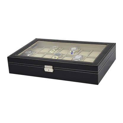 Watch Box - 24 Slot Luxury Display Case With Framed Glass Lid-Watch Accessories-PEROZ Accessories