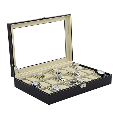 Watch Box - 24 Slot Luxury Display Case With Framed Glass Lid-Watch Accessories-PEROZ Accessories