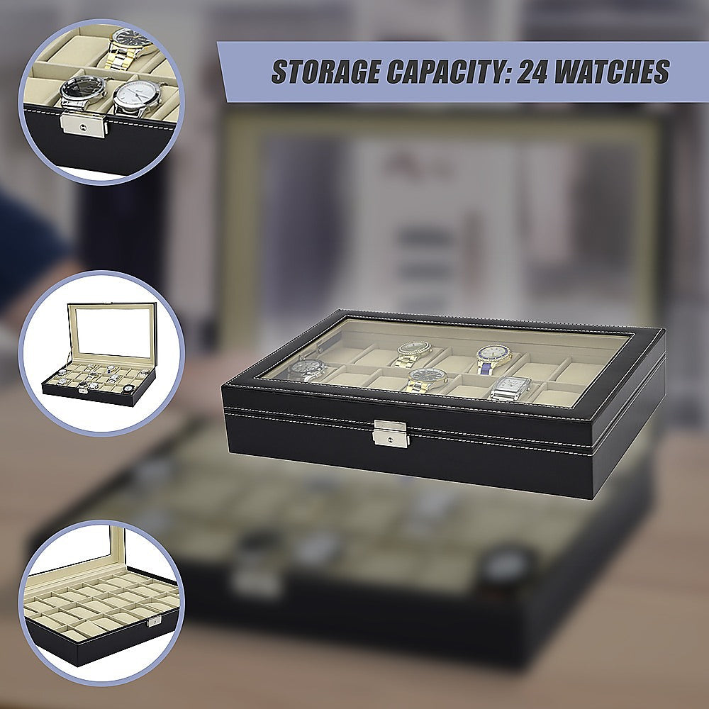 Watch Box - 24 Slot Luxury Display Case With Framed Glass Lid-Watch Accessories-PEROZ Accessories