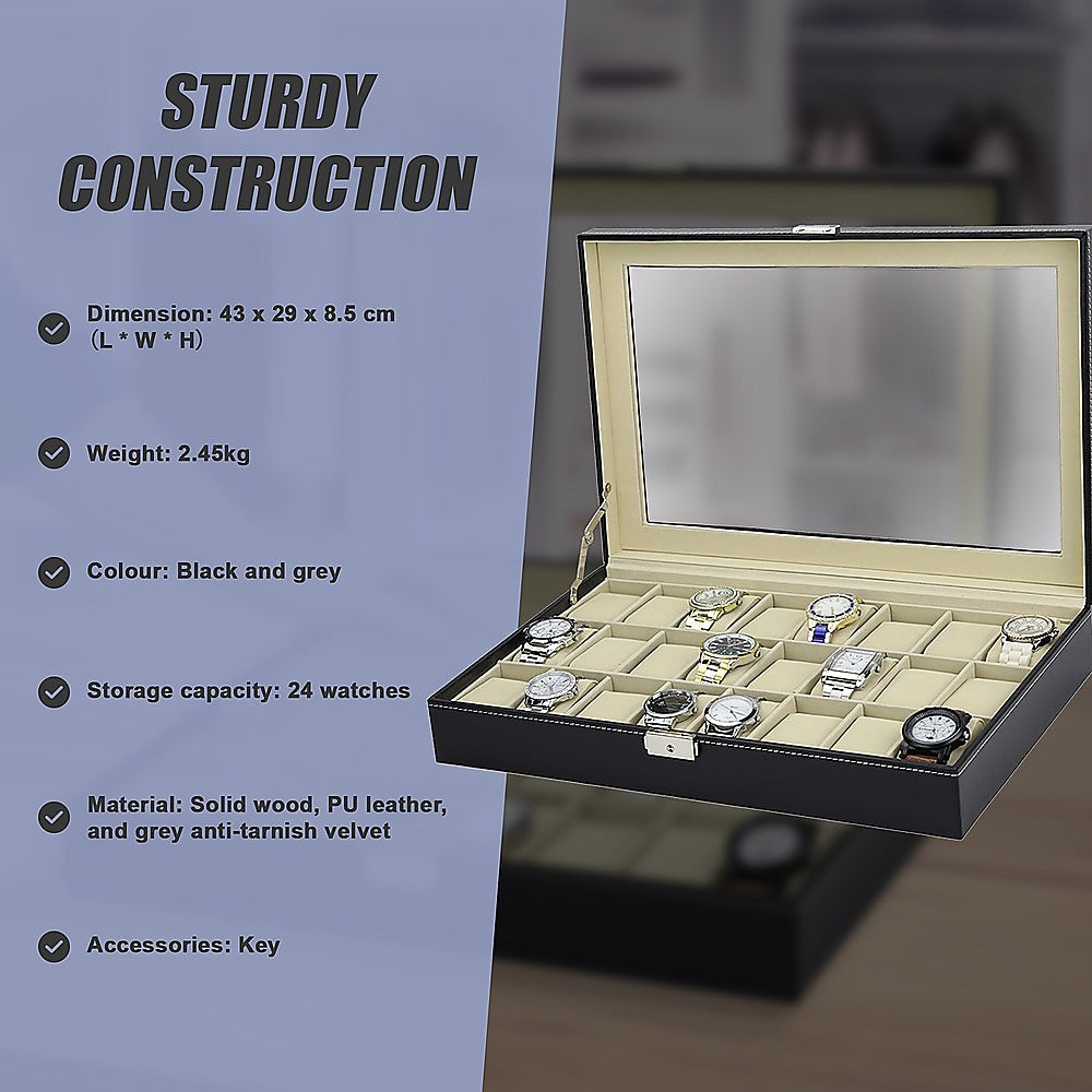 Watch Box - 24 Slot Luxury Display Case With Framed Glass Lid-Watch Accessories-PEROZ Accessories