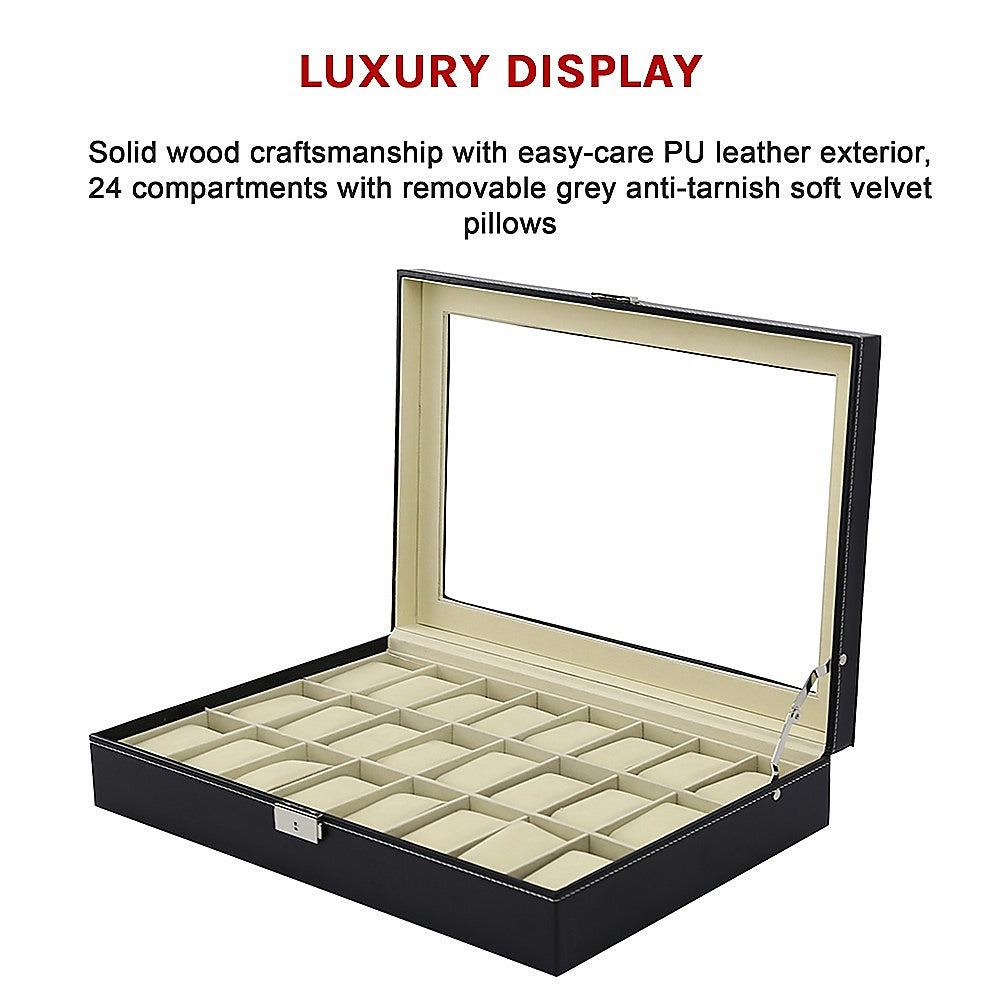 Watch Box - 24 Slot Luxury Display Case With Framed Glass Lid-Watch Accessories-PEROZ Accessories